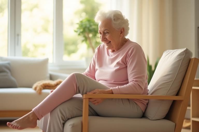 Idős hölgy kímélő térdtornát végez otthon