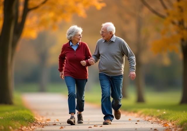 Idős pár vidáman sétál a természetben