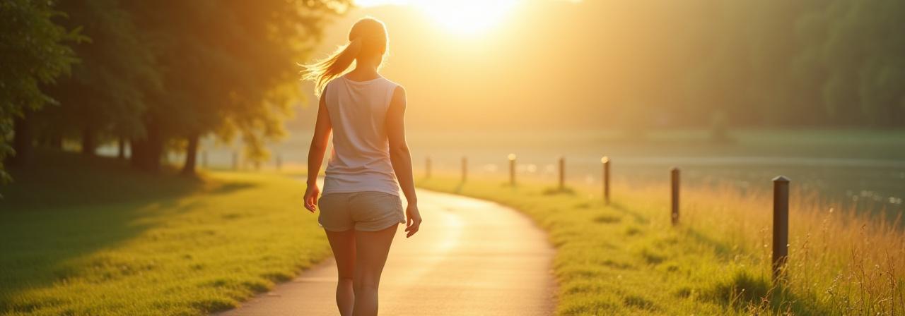 Nő sétál a napsütéses Duna-parton, egészséges testtartással