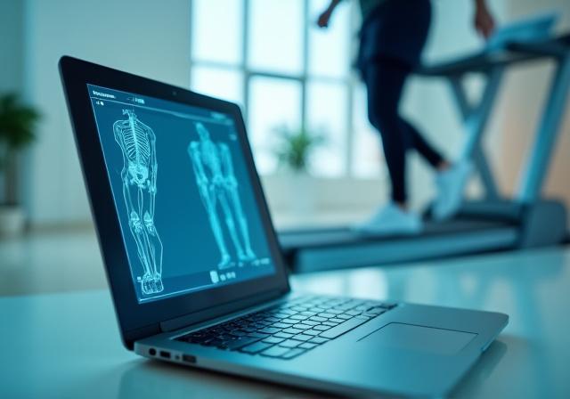 Számítógépes járáselemzés folyamata, a képernyőn biomechanikai adatokkal